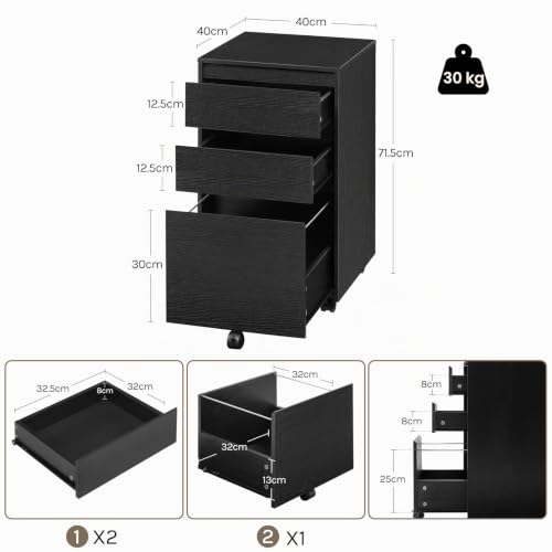 Miniatura 3 de Woltu Archivador Móvil Con 3 Cajones, Cajonera Con 5 Ruedas Multiusos, Gabinete De Archivos Debajo Del Escritorio Para Documentos De Oficina, Negro, 40x40x71.5 Cm
