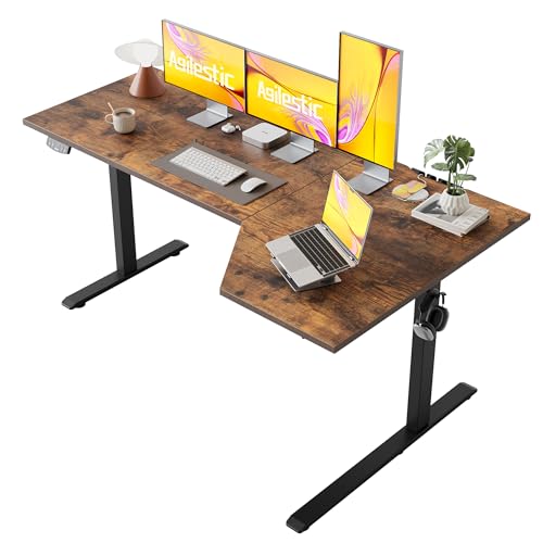 Image of Agilestic Electric Standing Desk, Height Adjustable Desk, 63 x 35 Inch Sit Stand up for Work Office Home, L Shaped Ergonomic Rising Computer Table with Memory Preset, Rustic Brown