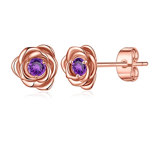 Iefup Amethyst Earrings For Women, S925 Sterling Silver Rose Flower Birthstone Earrings Stud Earrings Valentines Day Gifts For Her Women Jewelry Mothers Day Gifts For Mom Wife Daughter #TOP29
