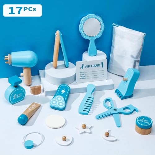 Image of Wudly Wooden Hair Dresser Play Set - Kids' Pretend Hair Salon with Mirror, Comb, Scissors, Hair Dryer & Styling Accessories for Imaginative Play