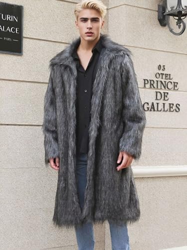 Image of FTIMILD Men's Long Faux Fur Coat Single Breasted Warm Winter Trench Coat Fluffy Thick Overcoat