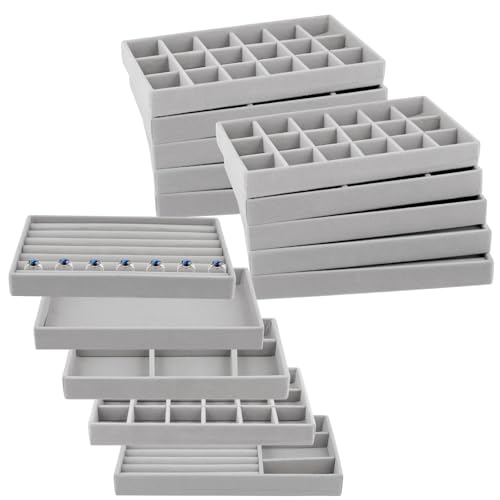SINJEUN Lot de 15 plateaux à bijoux empilables - En velours gris - Organisateur de bijoux pour tiroirs - Porte-bagues - Inserts en mousse - 21 x 12,5 x 2,5 cm