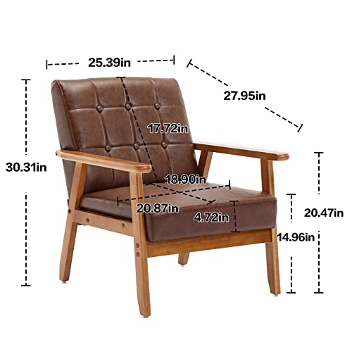 Olela Accent Chair With Wood Frame Mid-Century Modern Armchair, Button Tufted Side Chair Faux Leather Fabric Comfy Corner Chair For Living Room, Bedroom, Apartment, Brown-Leather #TOP1