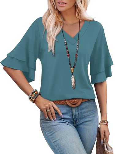 Image of OFEEFAN Spring Tops for Women Boho Shirts Fashion Clothing Cute 3 /4 Length Sleeve Blouses Dressy Casual Summer Outfits