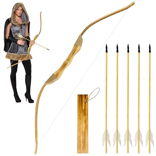 Basbon Wooden Bow and Arrow Set 40 Inch Handmade Wooden Bow and Arrow Cosplay Costume Prop Archery Set Games Toys 1 Bows 1 Quivers and 5 Feather Arrows Gifts for Kids Youth Boys and Girls