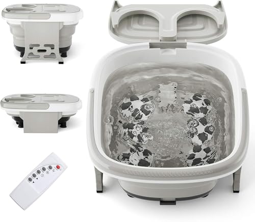 GOPLUS Pediluvio Plegable con Masaje Eléctrico, Burbujas y Luz Roja, Temporizador de Temperatura y Tiempo (10-60Min), Pediluvio Masajeador con Rodillos de Masaje Eléctrico y Mando a Distancia (Gris)