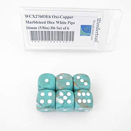 Oxi-Copper Marbleized Dice with White Pips 16mm (5/8in) D6 Set of 6 Wondertrail