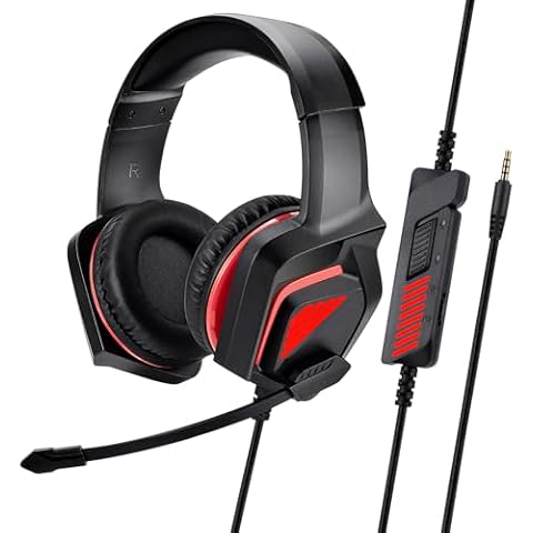 FNSHIP Stereo Wired Gaming Headset for PS4 PS5 New Xbox One Controller PSP PC Laptop Tablet, Over Ear 3.5mm Port Headphones with Mic, Bass Surround, Soft Memory Earmuffs,Red&Black Cover