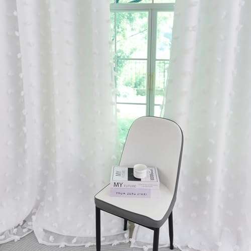 Image of Graylish White Pom Pom Curtains for Nursery Bedroom 52x108 Inch | Soft Boho Room Darkening Drapes, Grommet Privacy Double Layer Curtains for Living Room, Girls &Toddler room Decor, 2 Panels