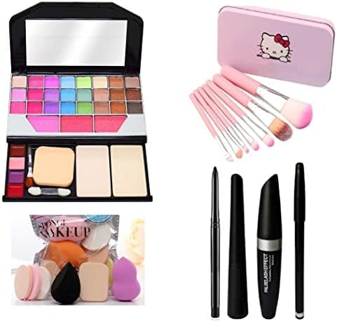 Glowhouse Fashion Makeup Kit for Girls Makeup Brushes 7 Piece Makeup Sponges 6 Piece Eye Liner & Kajal & Mascara & Eye Brow Pencil (4in1)