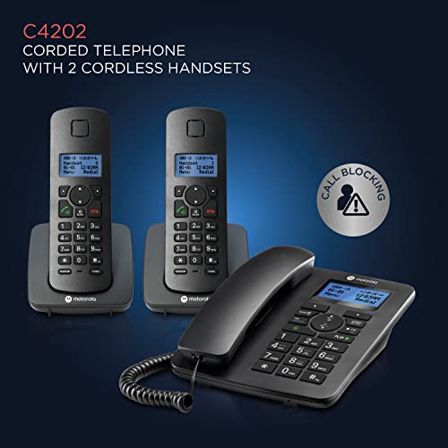 Image of Motorola Voice C42 Corded Phone System + 2 Digital Cordless Handsets w /Answering Machine, Call Block - Black (C4202)