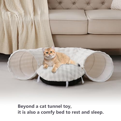 Image of Bubble Cat Tunnel for Indoor Cats, Round Peekaboo Cave Toy with Dangling Balls, Donut Tunnel Bed with Circle Mat for Puppy Kitten Rabbit, Cream White