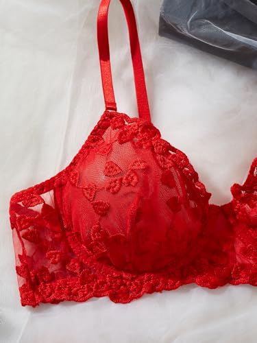Image of Sexy Floral Embroidered Flower Mesh Underwire Push Up Lingerie Set