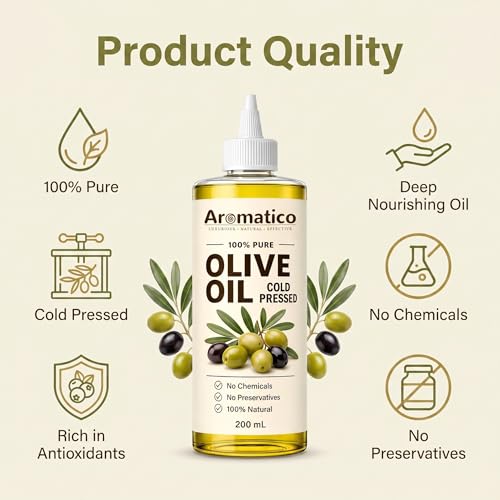 Image of AROMATICO Cold Pressed Olive Oil for Hair Growth & Skin - Olive Hair Oil for Deep Nourishment, Frizz Control & Smooth Shiny Hair | Body Massage Oil | 200ml