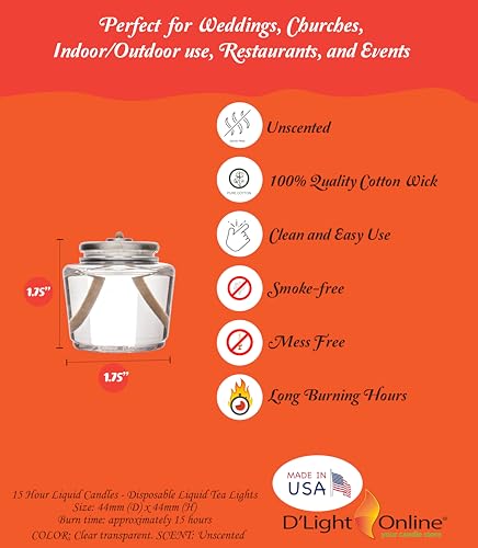 Image of D'light Online Liquid Wax Disposable Clear Plastic Fuel Cells Liquid Votives - Dripless Liquid Candle, Smokeless Clean Burning (15 Hour Clear Fuel Oil Candles, 96 Pack - Easy to Open Packaging)