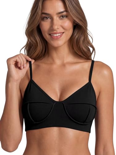Sunzel Women's External 3D Contour Seam Sports Bra Adjustable Thin Straps Padded V Neck Yoga Bra Light Support Workout Tops Black — view 2