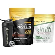 Transformation Chocolate Protein Powder, Super Greens Superfood Green Juice Powder and Performance Insulated Shaker Bottle