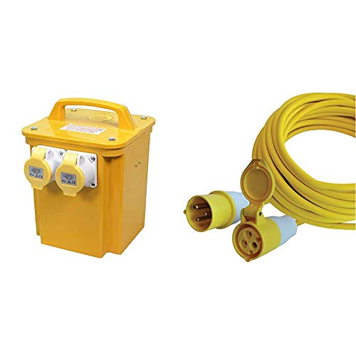 Faithfull FPPTRAN33A 3.3kVA 110V Twin Outlet (2 Socket) Site Transformer 2M HD Rubber Cable & FPPTL14ML 14 Metre L/V Trailing Lead Extension Lead 110V 16A 1.5mm Cable