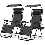 MoNiBloom 2 PCS Zero Gravity Chairs Folding Outdoor Recliner Patio Beach Lounge Chairs with Canopy Shade, Headrest and Side Tray, Breathable Cool Mesh, 330lbs Capacity, Black