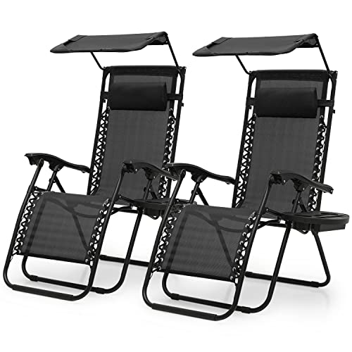 MoNiBloom 2 PCS Zero Gravity Chairs Folding Outdoor Recliner Patio Beach Lounge Chairs with Canopy Shade, Headrest and Side Tray, Breathable Cool Mesh, 330lbs Capacity, Black