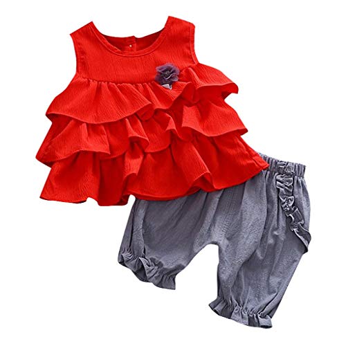 Toddler Kids Baby Girls Ruffles Flowers Tops Solid Ruched Shorts Pants Outfits Teen Fashion Outfits (Red, 100)