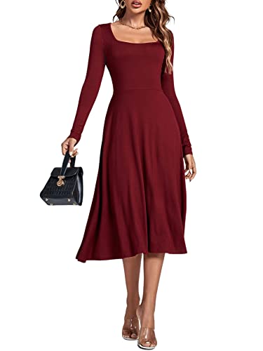 Lyaner Women's Square Neck Long Sleeve Empire Waist A Line Flare Solid Midi Dress Wine Red Medium #TOP4