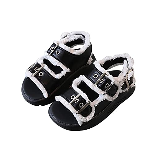 Big Kids Girl Black Hairy Edge Adjustable Ankle Sandals Width Soft Bottom Casual Buckle Princess Shoes
