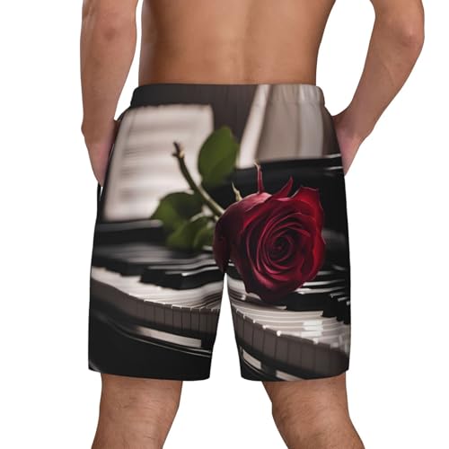 Red Rose On Piano Men's Soft Double Swim Shorts, Lounge Swiming Shorts Pants Breathable Summer4
