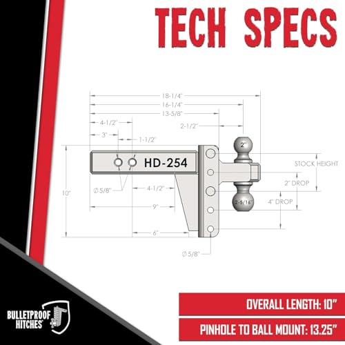 Image of BulletProof Hitches - 2.5 inch Adjustable Heavy Duty Trailer Hitch (22,000 lb. Rating) - 4 inch Drop /Rise Trailer Hitch with 2 inch & 2-5 /16 inch Dual Ball - Powder Coat, Solid Steel, Corrosion-Resistant