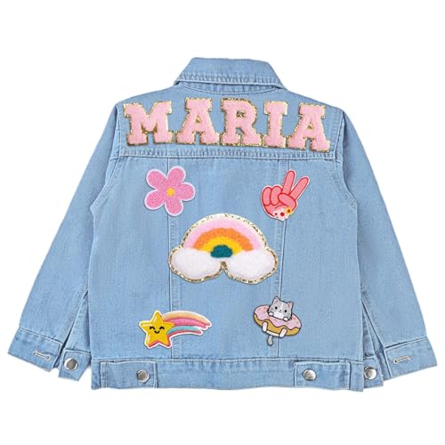 Personalized Kids Denim Jacket for Girls Personalized Tween Girls Trendy Clothes with Name Patches 1-8 Year Old Birthday Gifts Back to School Outfits Spring&Fall Jackets