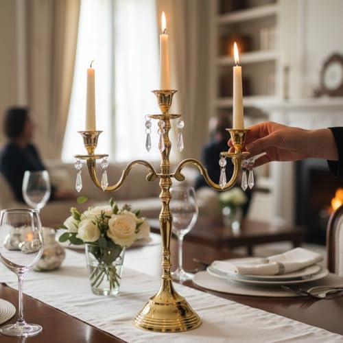 Image of Premium 16 Inch Golden Aluminum 3-Arm Candle Stand with Crystal Hangings | Luxury Centerpiece for Home Decor, Weddings, Festive Decoration & Dining Table