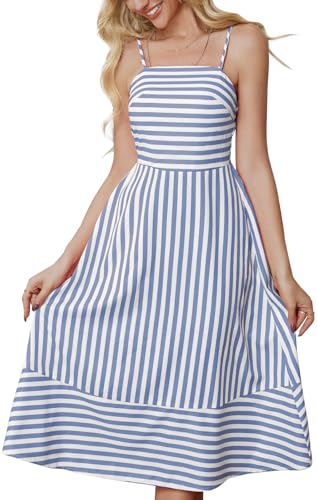Image of Striped Sleeveless Midi Summer Dress for Women Spaghetti Strap Backless Smocked Swing Beach Dresses Light Blue