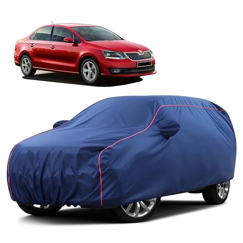 Image of Sulfar 100% Water Resistant Car Body Cover Compatible with Mirror for Skoda Rapid (Triple Stitched, Full Bottom Elastic, Blue Taffeta with Red Piping)