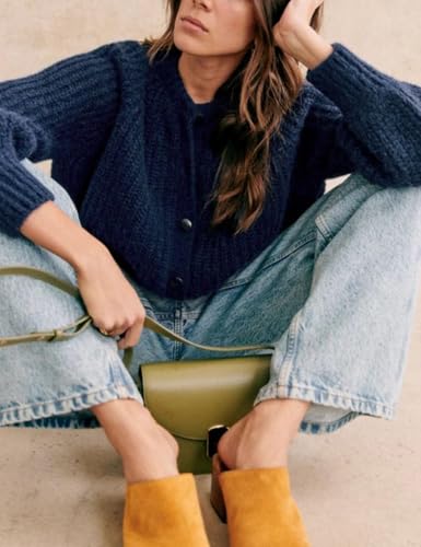 Image of Women's Casual Puff Long Sleeve Crew Neck Cardigan Button Down Open Front Knit Loose Sweater Outwear
