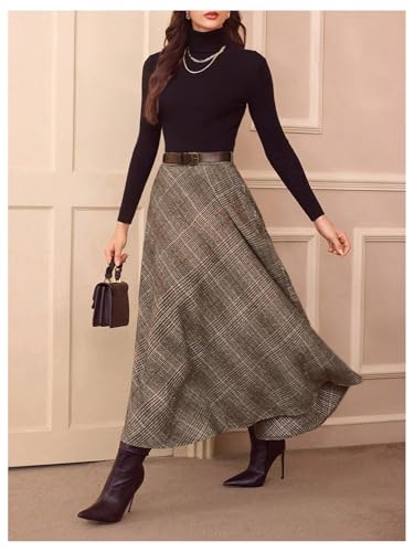 SHENHE Women's Vintage Plaid Skirt Warm A Line High Waist Elegant Flared Long Skirt4