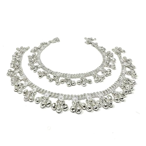 Image of Duel On Jewel Silver Plated Anklet for Women, Traditional Payal Pair with Chain Link Design and Ghungroo Bell Detail, 10 Inch Comfort Fit Foot Accessory, Ethnic Everyday Wear, Wedding Gift