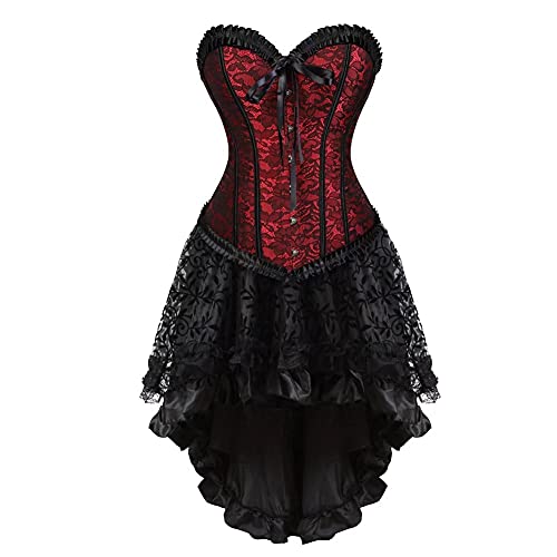 Jutrisujo korsett corsagen vollbrust Damen kleid korsettkleid elegant asymmetrisch rock spitze zum schnüren gothic rot S