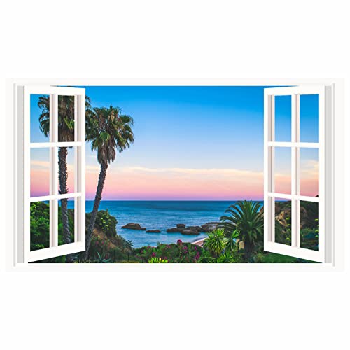 3D Wall Stickers Summer Beach Wall Stickers Murals Removable Fake Window Wall Stickers Scenery View Window Decals Peel And Stick Seascape Wall Stickers For Living Room Bedroom Decor #TOP14