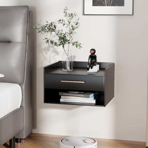 Bamboo Floating Nightstand with Storage Drawer and Modern Open Shelf