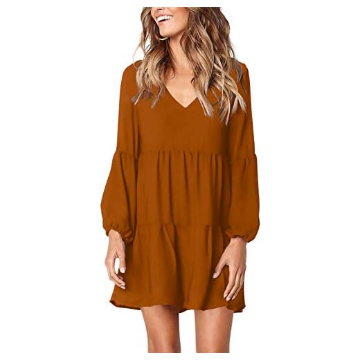 Amoretu Dresses for Women 2024 Tunic Dress V Neck Swing Shift Dresses(Brown,Small)