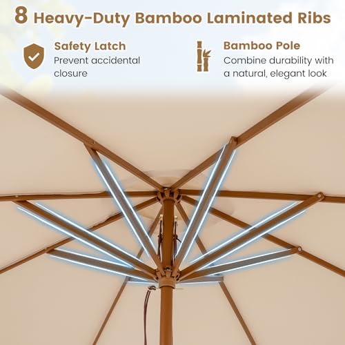 HAPPYGRILL 9 FT Patio Umbrella, Outdoor Table Market Umbrella with 8 Sturdy Bamboo Ribs, Wood Pole, Sun-Protective Double-Tier Canopy, Air Vent, Sunshade Parasol for Garden Deck Backyard Pool (Beige)