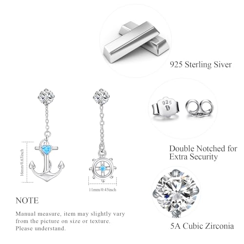 925 Sterling Silver Anchor Stud Earrings - Steering Wheel Thread Earring for Women Ocean Sea Minimalist Hypoallergenic Nautical Theme Jewelry with Box (Anchor)2