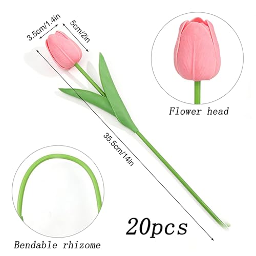 Image of 20Pcs Stems 13.5 Inch Medium Pink PU Artificial Moisturizing Tulips, Faux Tulips Flowers for Thanksgiving Christmas Decorations Wedding Home Table Vase Floral Arrangements