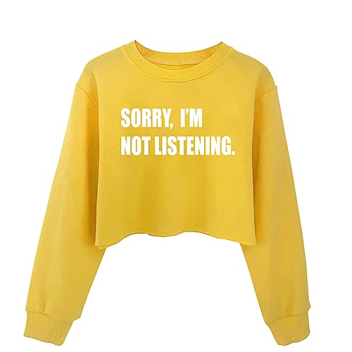G-Amber Girl's Long Sleeve Sweatshirts Crop Print Funny Letters Fashion Pullover Top, Yellow-Sorry I'm Not Listening, 10-13 Years #TOP8