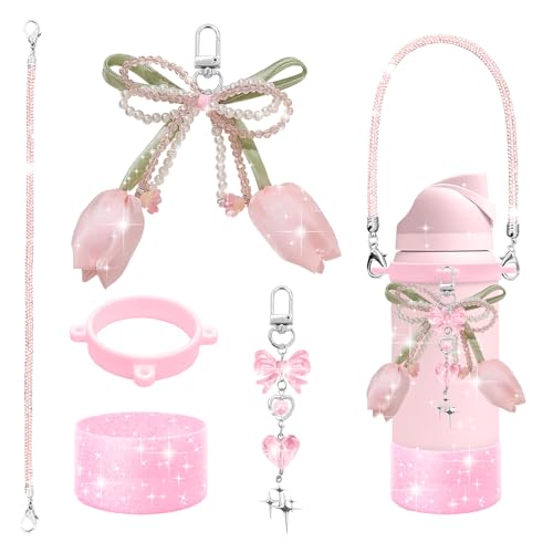 DLDXGXNR Glitter Water Bottle Accessories Set for Owala FreeSip 24oz 32oz 40oz & Stanley Cup, Bling Rhinestone Handle Strap, Boot, Coquette Bow & Heart Charms, Cute Preppy Aesthetic (Pink)