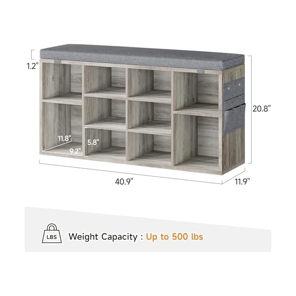   IDEALHOUSE-Shoe-Storage-Bench-with-Cushion-10-Cubbies-Storage-Rack-Bench-with-Padded-Seat-41-Cubby-Seat-Shoe-Cabinet-with-Adjustable-Shelf-for-Entryway-Hallway-Living-Room-Grey