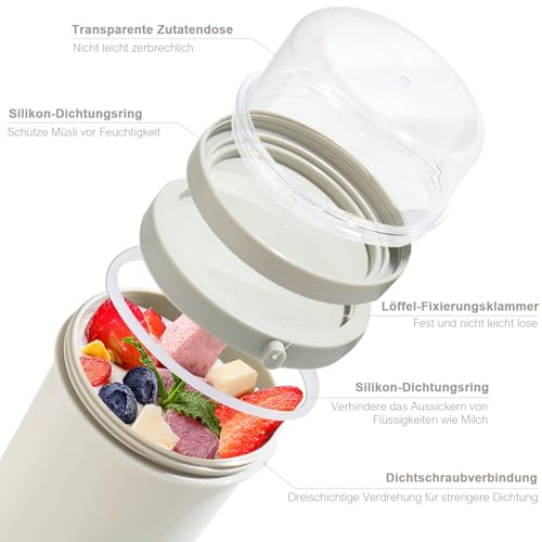 Foto von Swkien MüSlibecher to Go, Joghurtbecher to Go 450ml+250ml, Joghurt to Go Becher mit Löffel, Müsli Becher to Go für Müsli & Joghurt, Auslaufsicherer Müsli Cup to Go, Lunchpot(Hellgrau)
