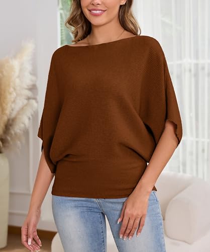 Image of MAKARTHY Womens Batwing Sleeves Knitted Dolman Pullovers Boat Neck Tops Sweatershirts