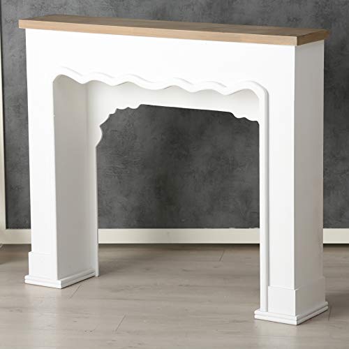 Comfy Cottage Faux Fire Mantle , Rustic Nut Brown Plank-Lintel, Scallop Edged Surround Details, White Painted, Natural And Mdf Wood, Over 3 Ft Long (43 1/4 L X 37 1/2 H Inches) Free Standing Unit #TOP2