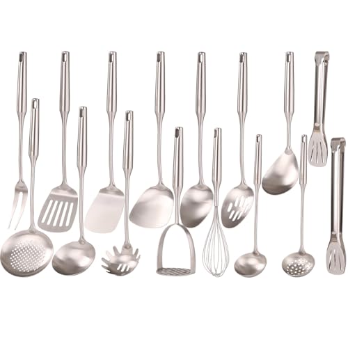 18/10 Stainless Steel Cooking Utensils Set - 16 PCS All Metal Kitchen Tools, Serving Utensils - Whisk, Masher, Fork, Tongs, Solid/Slotted Spoon, Spatula, Turner, Ladle, Skimmer, Pasta, Large Spoon Set